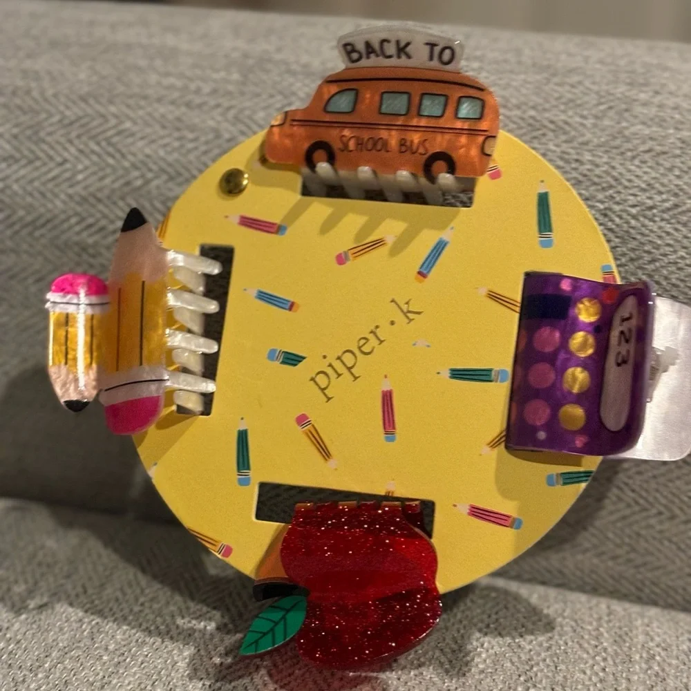 Women's Hair Clips -Back to School 4 Pieces - Apple, Bus, Calculator, Pencil NWT